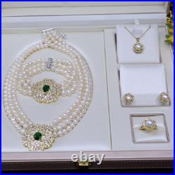 3 Strand Natural 7-8mm White Freshwater Pearl Necklace Earrings Bracelet Set