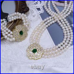 3 Strand Natural 7-8mm White Freshwater Pearl Necklace Earrings Bracelet Set