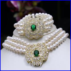 3 Strand Natural 7-8mm White Freshwater Pearl Necklace Earrings Bracelet Set