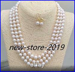 3 Strand South Sea White 9-10mm Real Pearl Necklace And Earrings Set 14k Gold P
