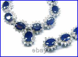 38.2ct Sapphire & Diamond Cluster Necklace & Drop Set in 14K White Gold Over