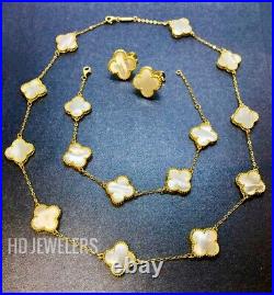 3P White Mother Of Pearl Jewelry Set Four Leaf Clover Flower Gold Motif Design