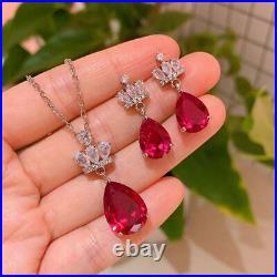 4.30Ct Pear Cut Red Ruby Crown Drop Earring Pendant Necklace Wedding Jewelry Set