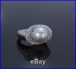 $4,575 Pave Set Diamond 18K White Gold Cocktail 11.5mm South Sea Pearl Ring Band