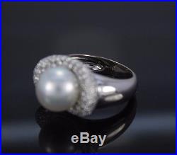 $4,575 Pave Set Diamond 18K White Gold Cocktail 11.5mm South Sea Pearl Ring Band