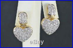 $4,950 18K Yellow Gold 2.15ct Round Pave Set Diamond Heart Dangle Drop Earrings