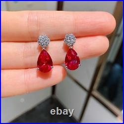 4 Ct Ruby Dangle Earring Drop Necklace Pendant Jewelry Set 10k White Gold Finish