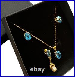 4 Pc Set Necklace & Earrings 14k Yellow Gold & Blue Topaz & Pearl Jewelry Lot