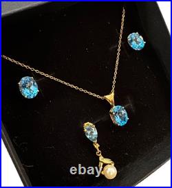 4 Pc Set Necklace & Earrings 14k Yellow Gold & Blue Topaz & Pearl Jewelry Lot