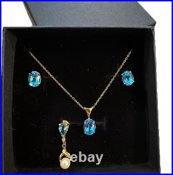 4 Pc Set Necklace & Earrings 14k Yellow Gold & Blue Topaz & Pearl Jewelry Lot