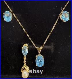 4 Pc Set Necklace & Earrings 14k Yellow Gold & Blue Topaz & Pearl Jewelry Lot