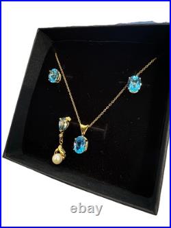 4 Pc Set Necklace & Earrings 14k Yellow Gold & Blue Topaz & Pearl Jewelry Lot