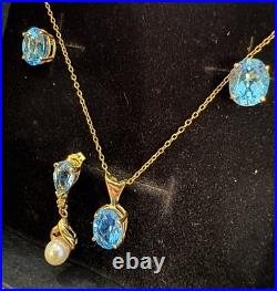 4 Pc Set Necklace & Earrings 14k Yellow Gold & Blue Topaz & Pearl Jewelry Lot