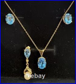 4 Pc Set Necklace & Earrings 14k Yellow Gold & Blue Topaz & Pearl Jewelry Lot