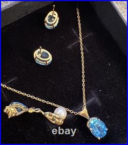 4 Pc Set Necklace & Earrings 14k Yellow Gold & Blue Topaz & Pearl Jewelry Lot