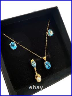 4 Pc Set Necklace & Earrings 14k Yellow Gold & Blue Topaz & Pearl Jewelry Lot