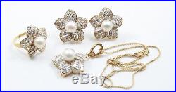 4 Piece Set 14K Yellow Gold Natural Pearl & Diamond Ring, Pendant & Earrings 16
