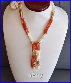 4 Strand Carnelian, Pearl & Gold Necklace/Bracelet Set