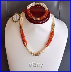 4 Strand Carnelian, Pearl & Gold Necklace/Bracelet Set