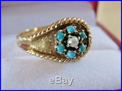 $4000 Large Flower Design Turquoise Pearl Princess Ring Set in 14k Gold BEAUTY