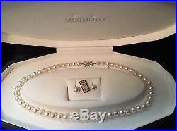 $5,000 Mikimoto White Gold 8mm Akoya Pearl 18 Necklace and Earrings Set w Box