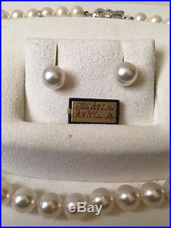 $5,000 Mikimoto White Gold 8mm Akoya Pearl 18 Necklace and Earrings Set w Box