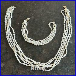 5 Strand Seed Rice Pearl 16 Necklace 6.75 4 Strand Bracelet Set 14K Gold Clasp