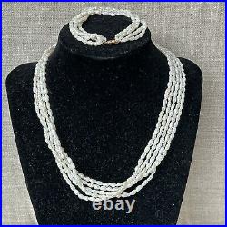 5 Strand Seed Rice Pearl 16 Necklace 6.75 4 Strand Bracelet Set 14K Gold Clasp