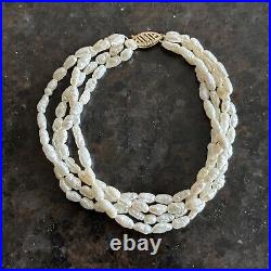 5 Strand Seed Rice Pearl 16 Necklace 6.75 4 Strand Bracelet Set 14K Gold Clasp