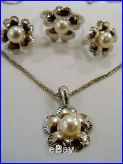 585/14K SOLID WHITE GOLD PEARL SET Earrings, Ring Size7.75, Necklace & Pendant