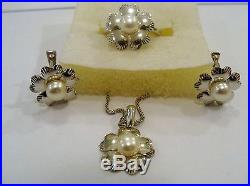 585/14K SOLID WHITE GOLD PEARL SET Earrings, Ring Size7.75, Necklace & Pendant