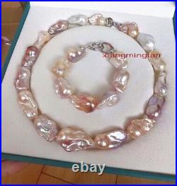 5A 17 7.530mm south sea baroque GOLD pink purple pearl necklace bracelet sets