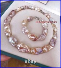 5A 17 7.530mm south sea baroque GOLD pink purple pearl necklace bracelet sets