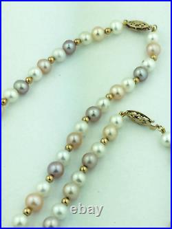 5mm Multi Colored Pearl Necklace & Bracelet with 14K Yellow Gold Clasp & Beading