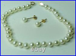 5mm Pearl Necklace, Bracelet and Stud Earrings 14K Yellow Gold