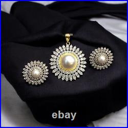 6.18 Cts Round Brilliant Cut Diamonds Pearl Pendant Earrings Set 18K Gold