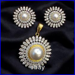 6.18 Cts Round Brilliant Cut Diamonds Pearl Pendant Earrings Set 18K Gold