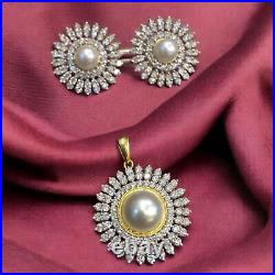 6.18 Cts Round Brilliant Cut Diamonds Pearl Pendant Earrings Set 18K Gold