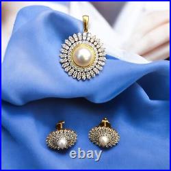 6.18 Cts Round Brilliant Cut Diamonds Pearl Pendant Earrings Set 18K Gold