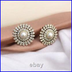 6.18 Cts Round Brilliant Cut Diamonds Pearl Pendant Earrings Set 18K Gold