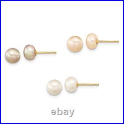6-7mm 14k Gold 6-7mm Button Freshwater Cultured Pearl Boxed 3 pair Earrings Set