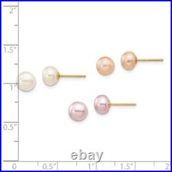 6-7mm 14k Gold 6-7mm Button Freshwater Cultured Pearl Boxed 3 pair Earrings Set