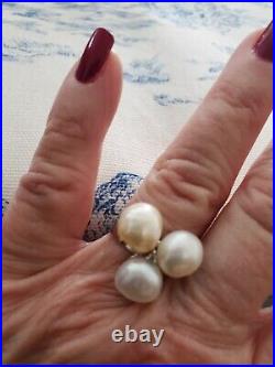 60's Looking 14k White Gold Freshwater Button Pearl Cluster Ring & Earring Set