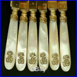 6pc Antique French Sterling Silver Gold Vermeil Knives Knife Set Mother of Pearl
