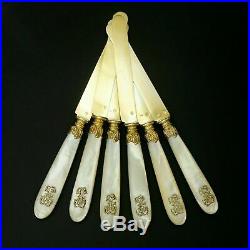 6pc Antique French Sterling Silver Gold Vermeil Knives Knife Set Mother of Pearl