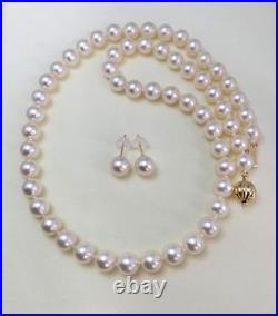7-7.7mm Round White Japanese Akoya pearl Necklace set solid yellow gold, 18