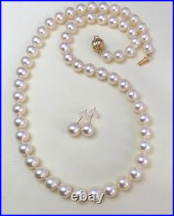 7-7.7mm Round White Japanese Akoya pearl Necklace set solid yellow gold, 18