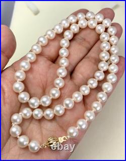 7-7.7mm Round White Japanese Akoya pearl Necklace set solid yellow gold, 18