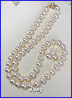 7-7.7mm Round White Japanese Akoya pearl Necklace set solid yellow gold, 18
