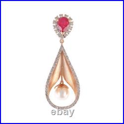 7.72 Cts Round Brilliant Cut Diamond Ruby Pearl Pendant Earrings Set In 14K Gold